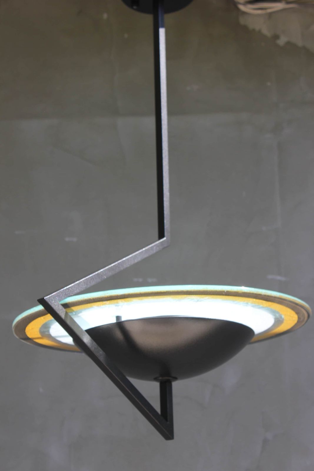 Italian Ceiling Lamp Handmade Suspension Lamp Wrought Iron And Unique Colored Glass Daniela Puppa Mid Century Pendant Light photo for sale