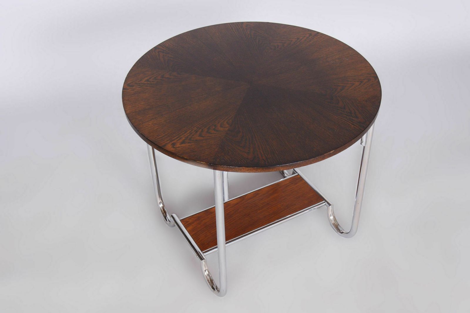 Restored Bauhaus Oak Small Round Table, Chrome Plated Steel, Czechia, 1930s photo Furniture