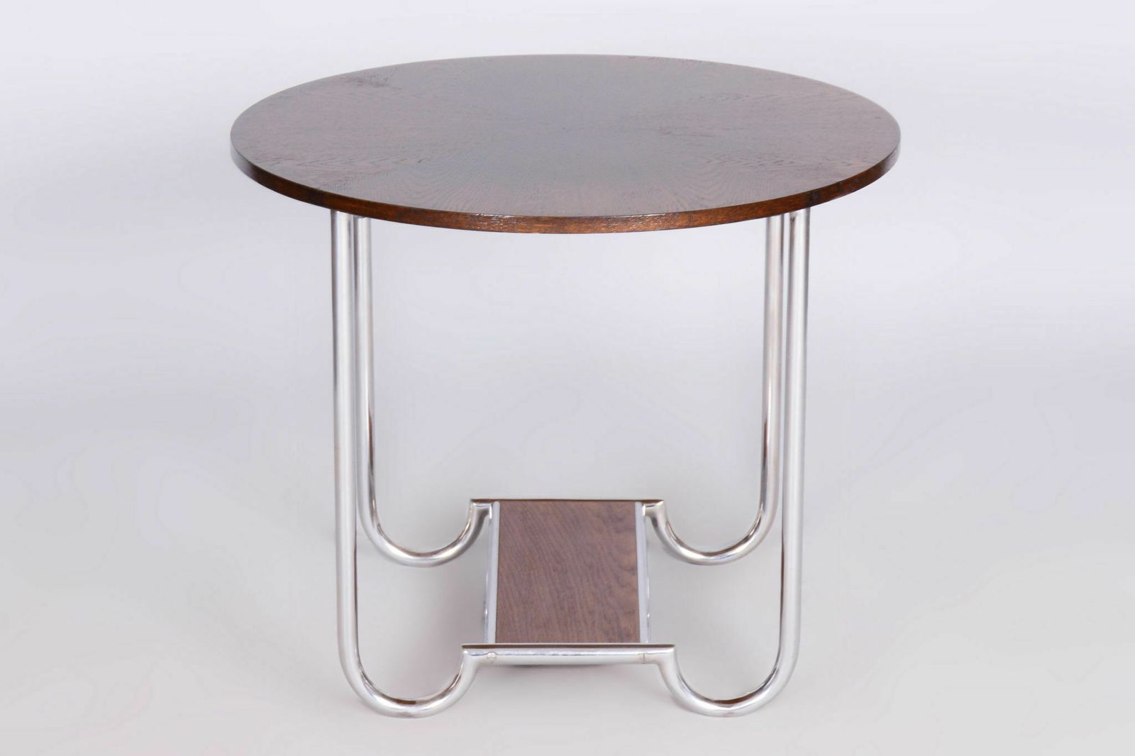 Restored Bauhaus Oak Small Round Table, Chrome Plated Steel, Czechia, 1930s photo 800.0