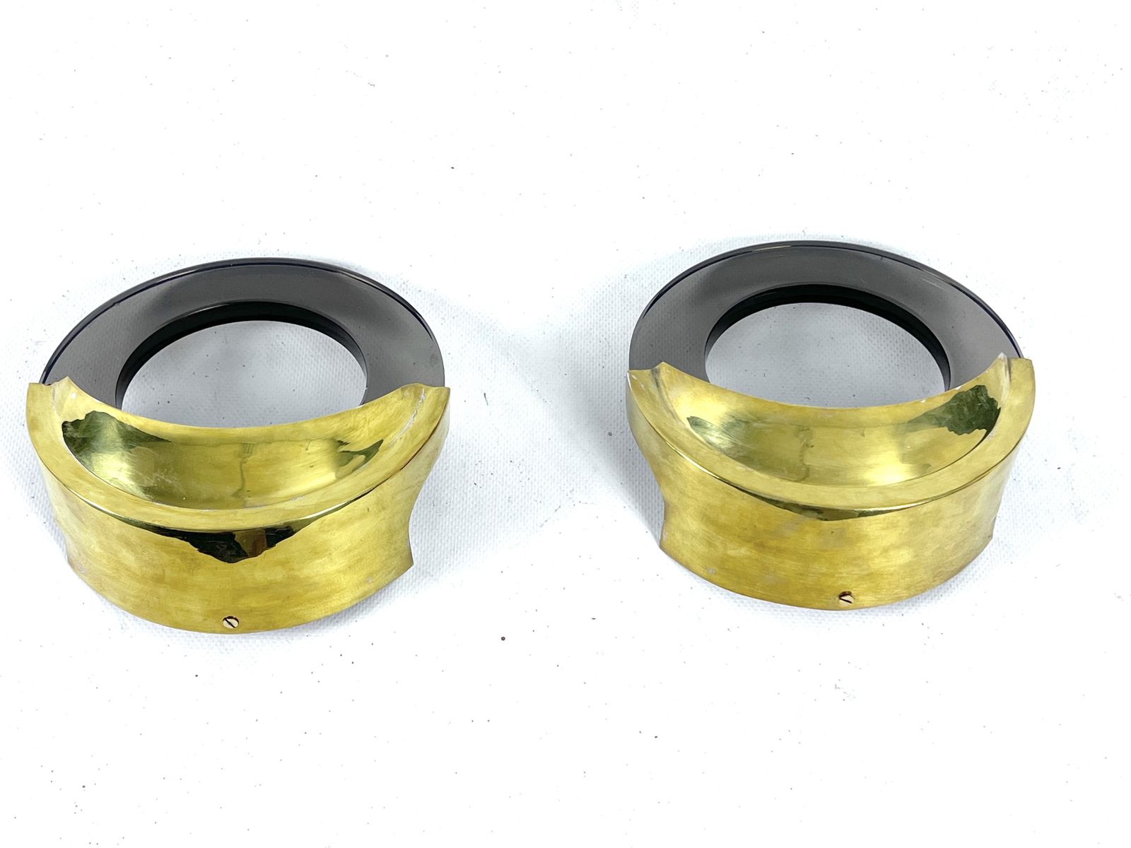 Mid Century Modern Pair Of Brass And Thick Smoked Glass Sconces. Italy 1970s photo for sale