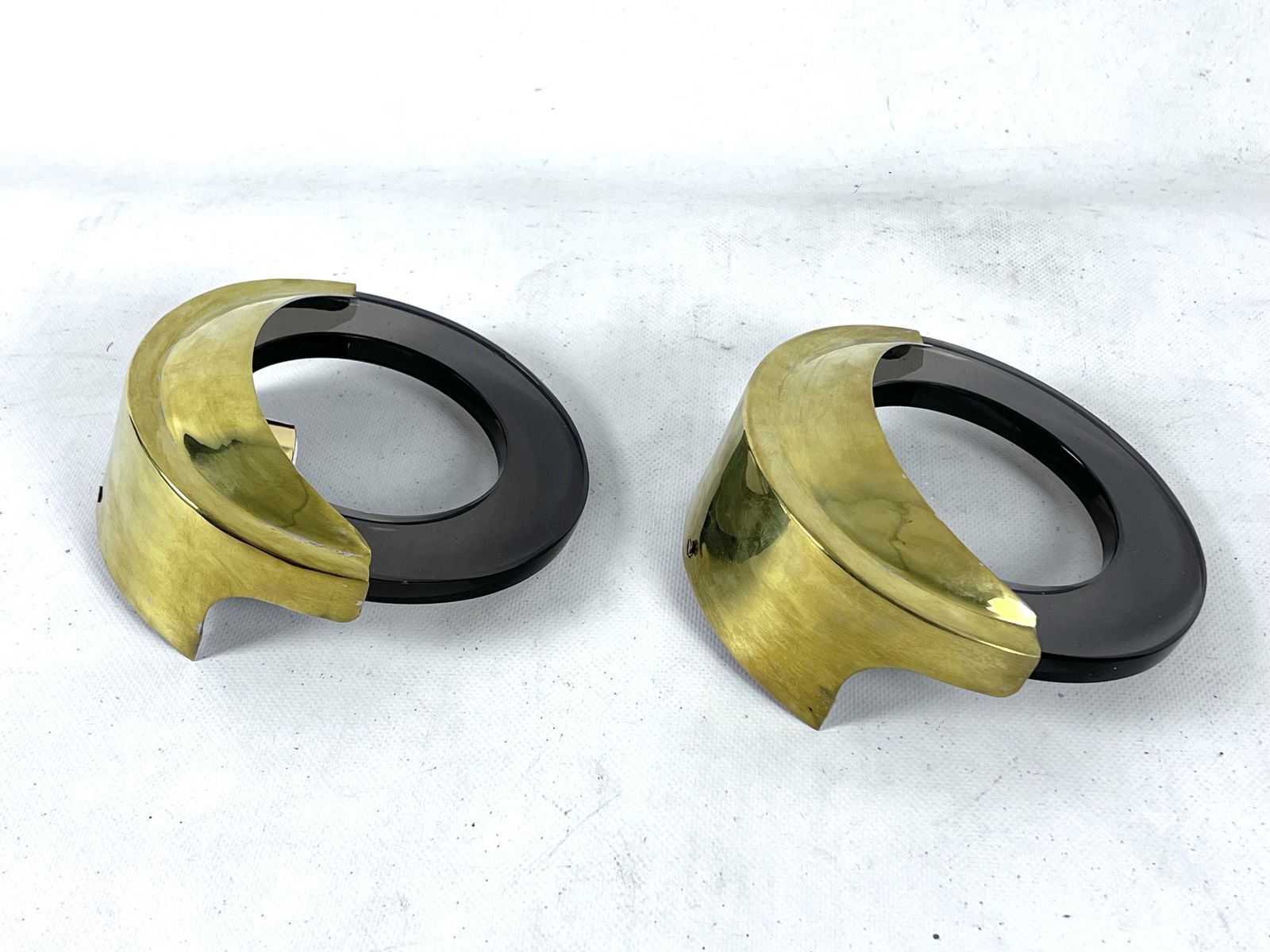 Mid Century Modern Pair Of Brass And Thick Smoked Glass Sconces. Italy 1970s photo Lighting