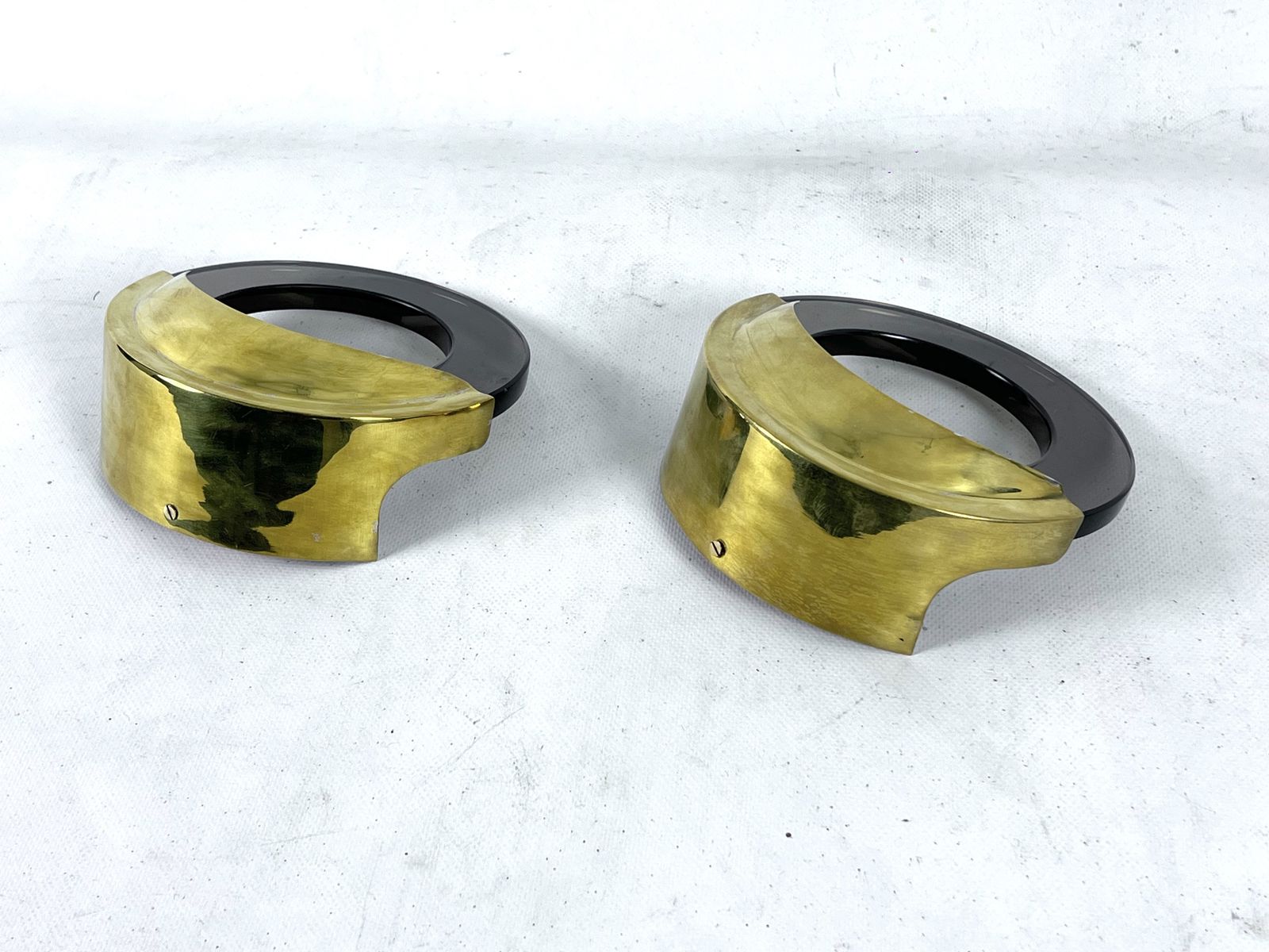 Mid Century Modern Pair Of Brass And Thick Smoked Glass Sconces. Italy 1970s photo vintage