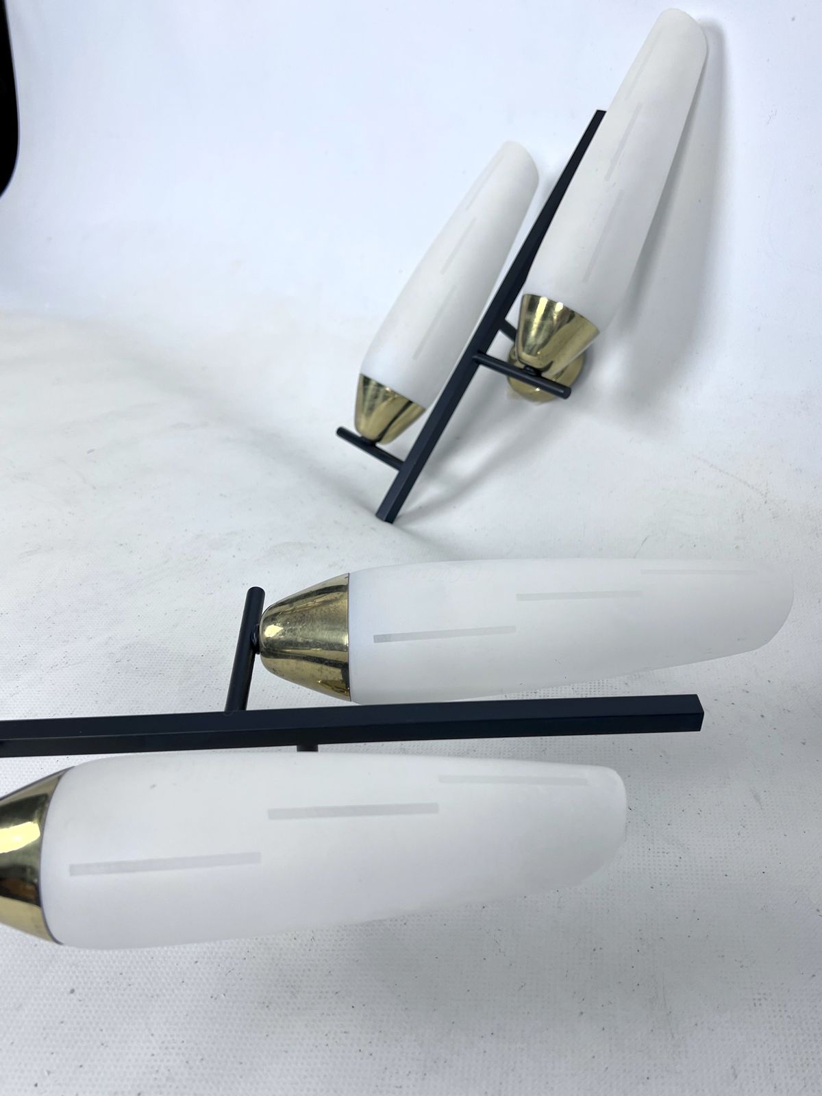 Mid Century Pair Of Double Lights Sconces In Brass And Opaline Glass. Italy 1950s photo Lighting