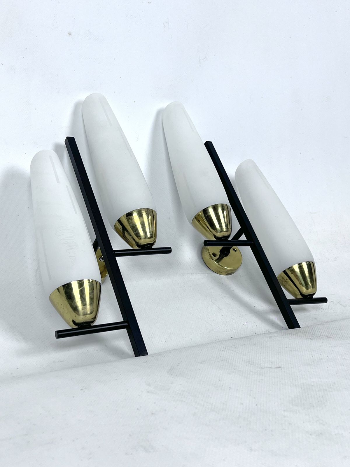 Mid Century Pair Of Double Lights Sconces In Brass And Opaline Glass. Italy 1950s photo for sale