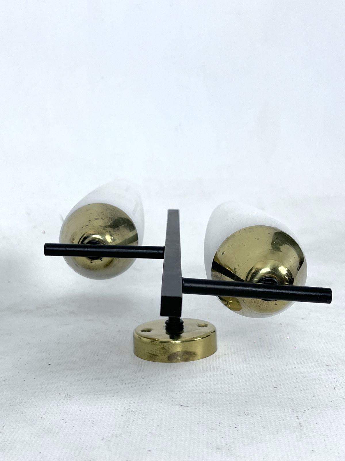 Mid Century Pair Of Double Lights Sconces In Brass And Opaline Glass. Italy 1950s photo 1062.75