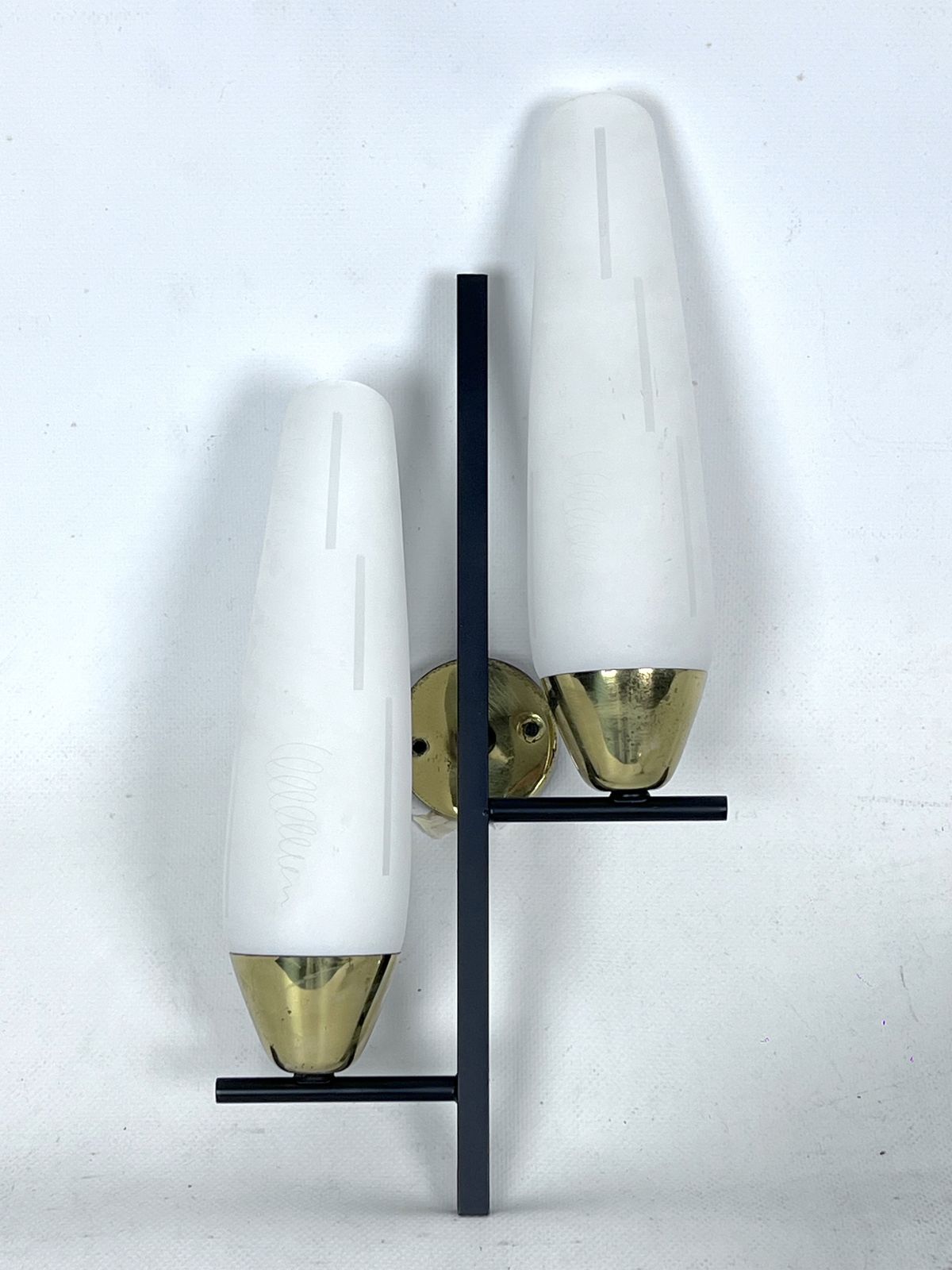 photo furniture Mid Century Pair Of Double Lights Sconces In Brass And Opaline Glass. Italy 1950s