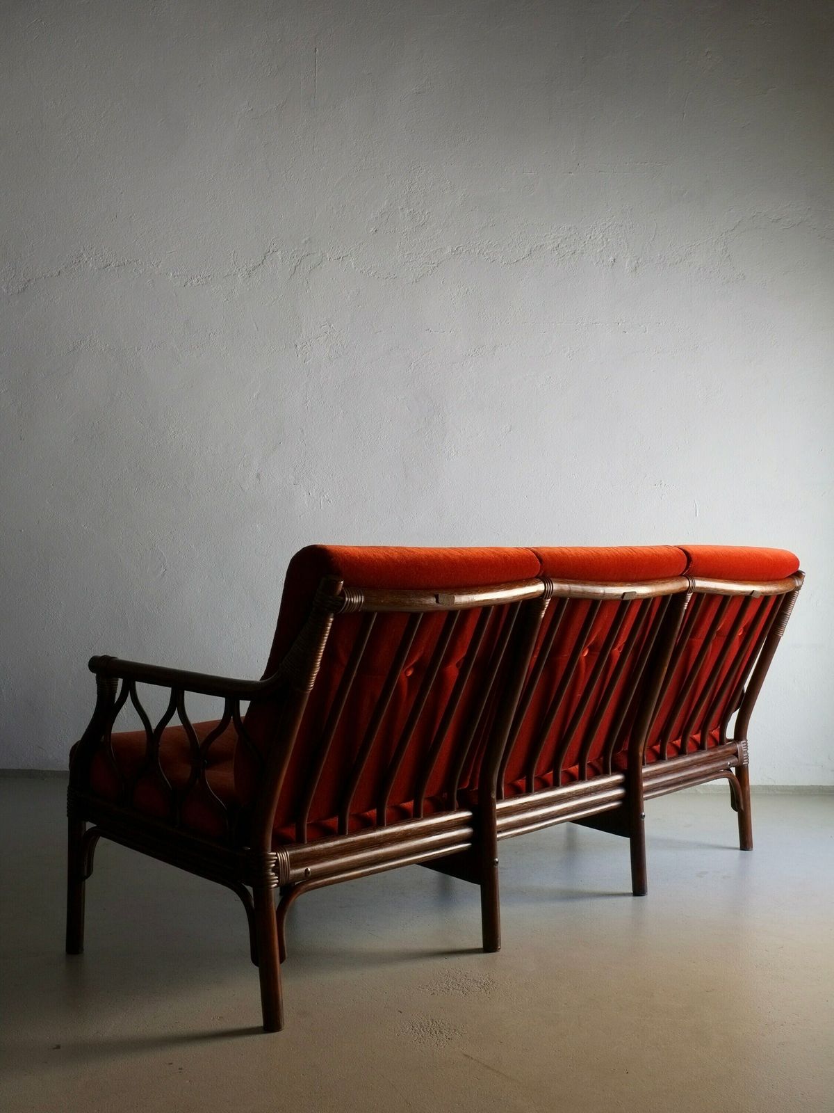 Dark Rattan Sofa | 3 Seater Bamboo Daybed | Red Velour | Vintage photo for sale