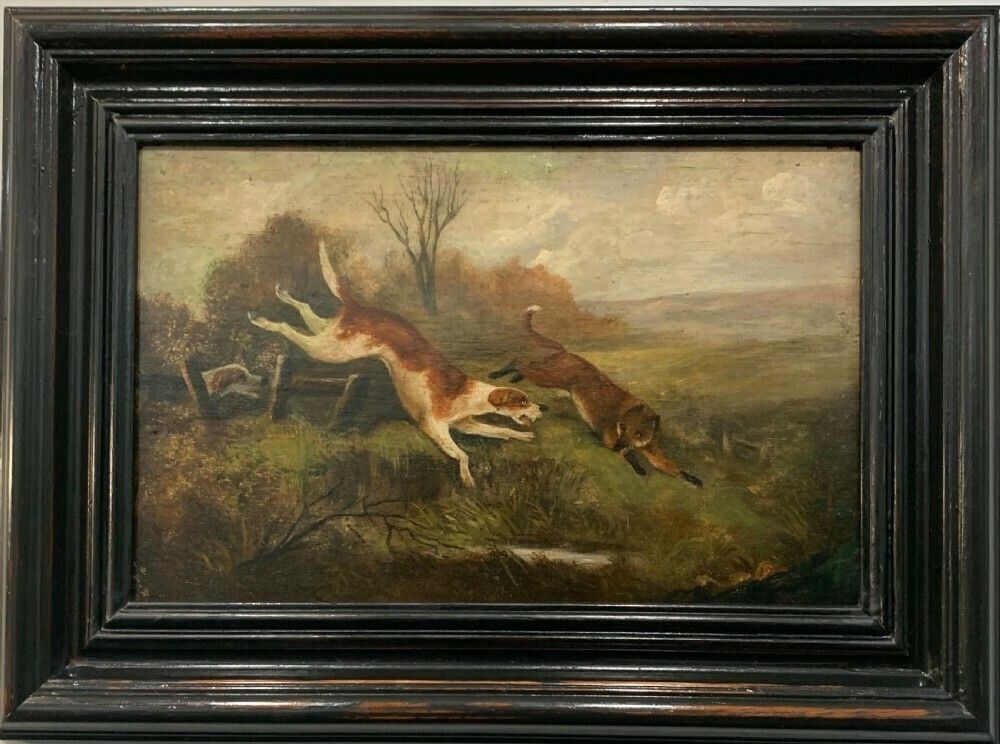 Hunting Scene Oil On Canvas “The Pursuit” Hounds And Fox, Early 19th Century