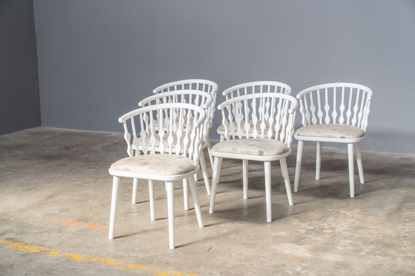 Matt White Painted Beech Chair With Upholstered Seat With 1970 Fabric, Set Of 6