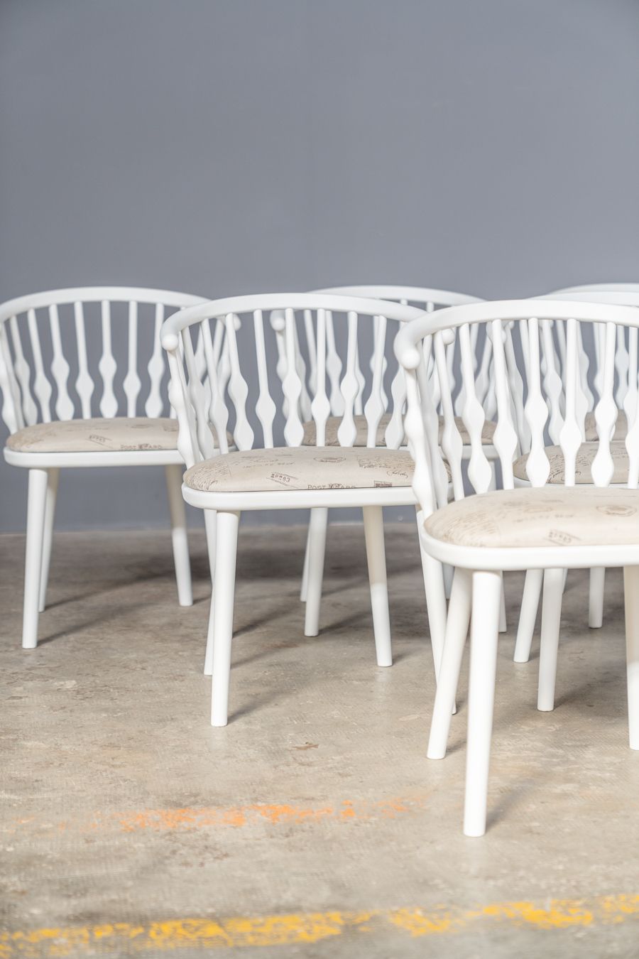 photo for sale Matt White Painted Beech Chair With Upholstered Seat With 1970 Fabric, Set Of 6