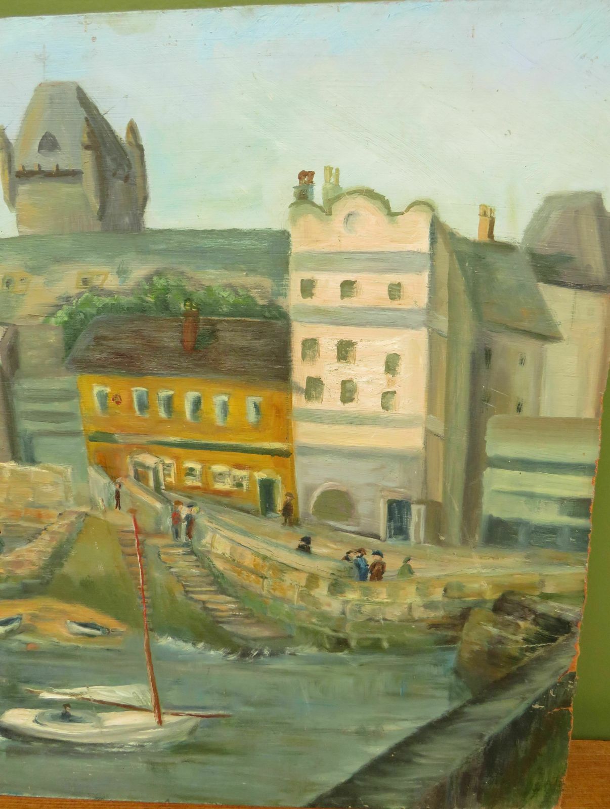 Vintage Naive Acrylic On Board Of Boats And Harbour photo Art