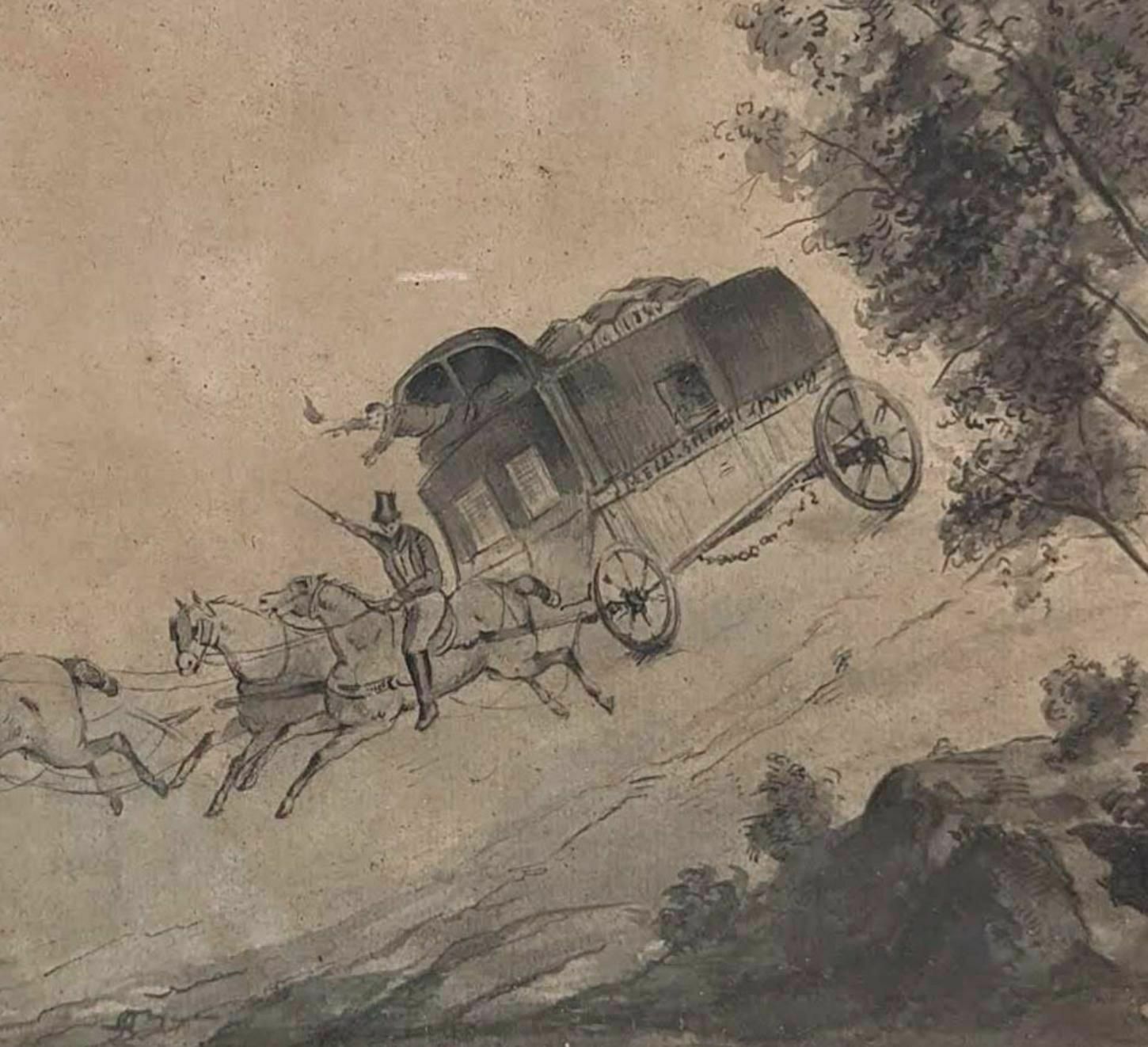 The Hitch At Full Gallop Wash Drawing, 19th Century photo for sale