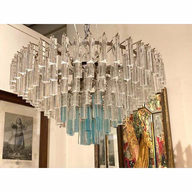 photo for sale Contemporary Transparent And Ligh Blue Triedro Murano Glass Chandelier