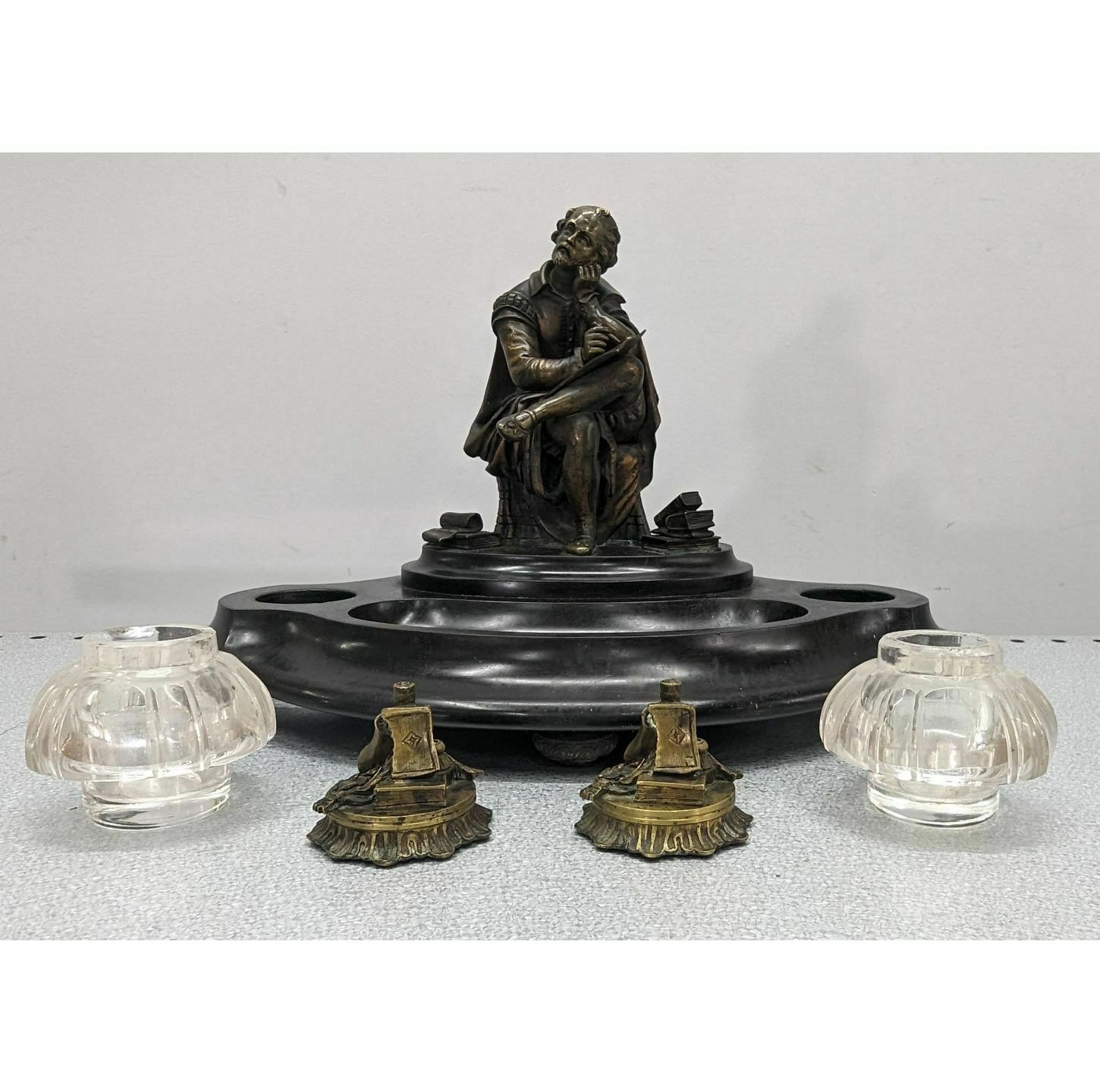 Rare Bronze And Black Marble Inkwell With Integrated 19th Century Bell System photo for sale