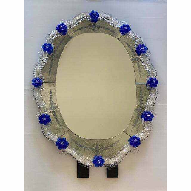 photo for sale Early 21st Century Venetian Oval Floreal Hand Carving Mirror In Murano Glass