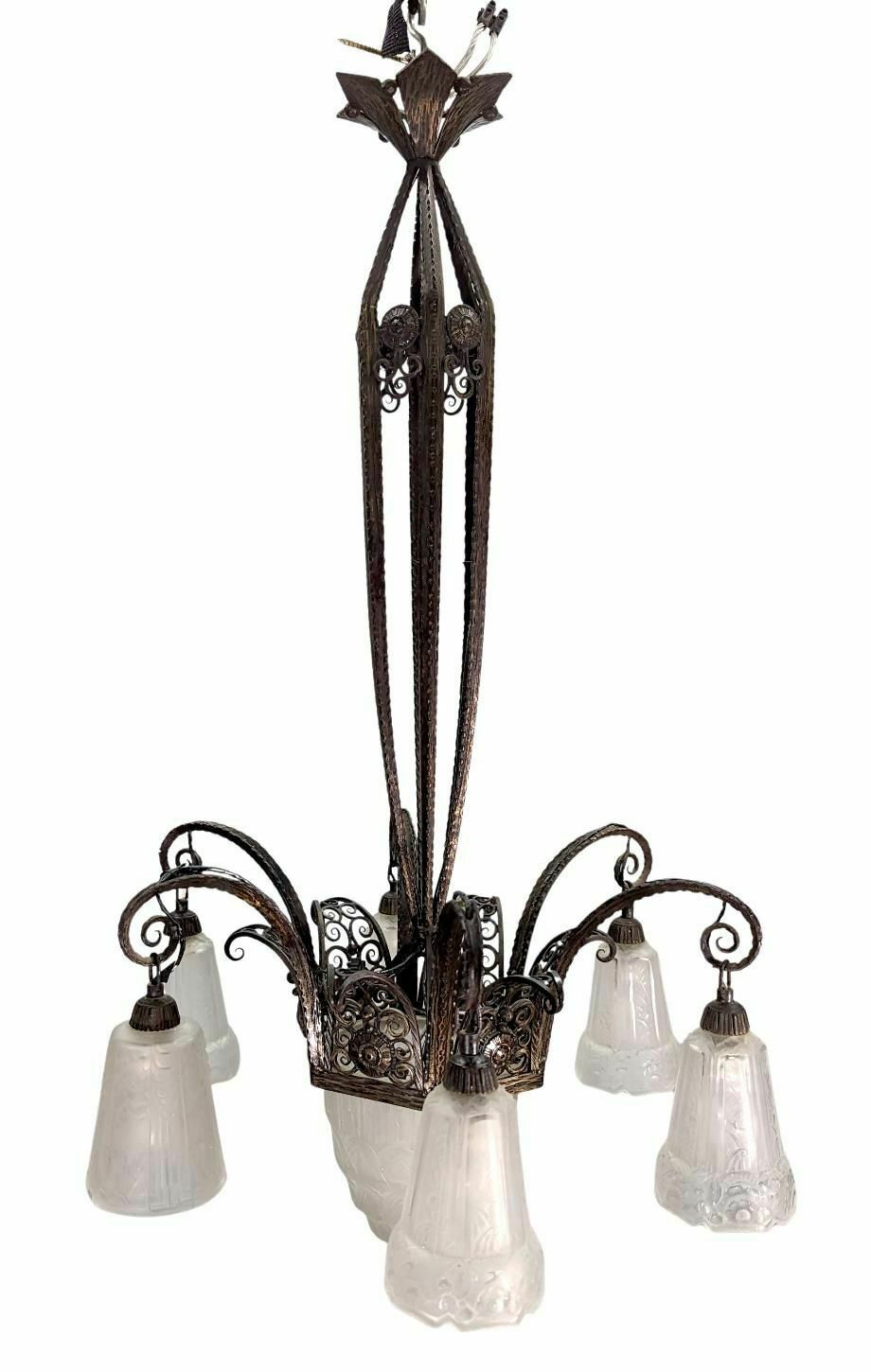 1930s Art Deco Wrought Iron Chandelier With Molded Tulips photo furniture