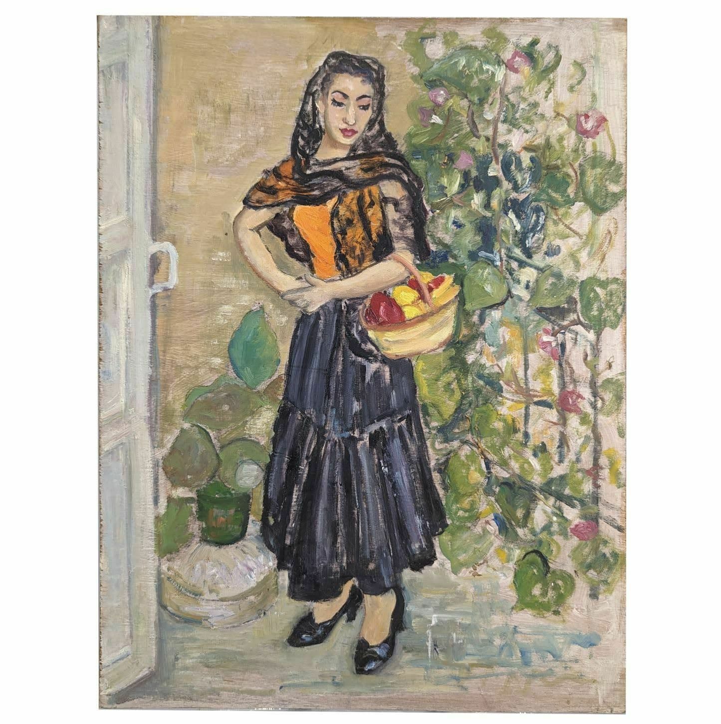 Young Spaniard With Basket Painting 20th Century Signed