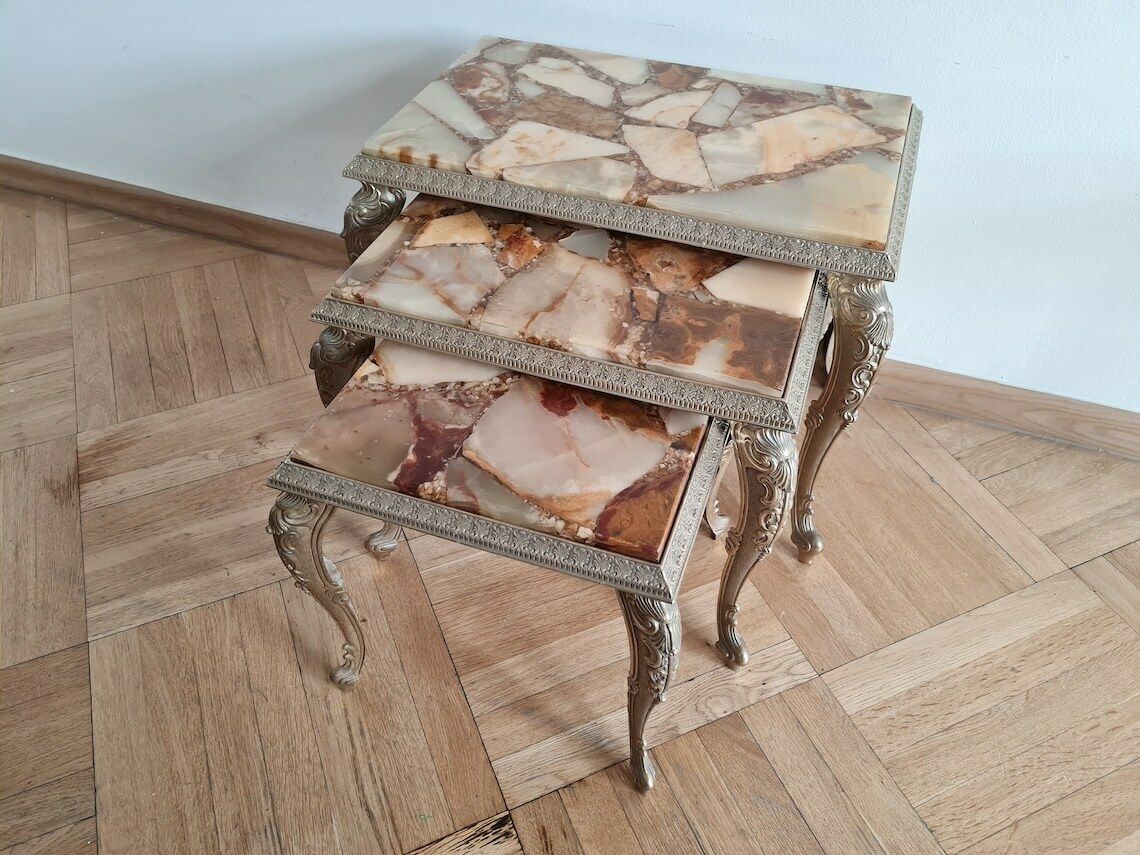 Vintage Mid Century Modern Nesting Set Of Three Brass And Onyx Tables Made In Italy