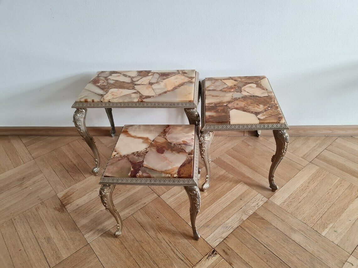 Vintage Mid Century Modern Nesting Set Of Three Brass And Onyx Tables Made In Italy photo buy