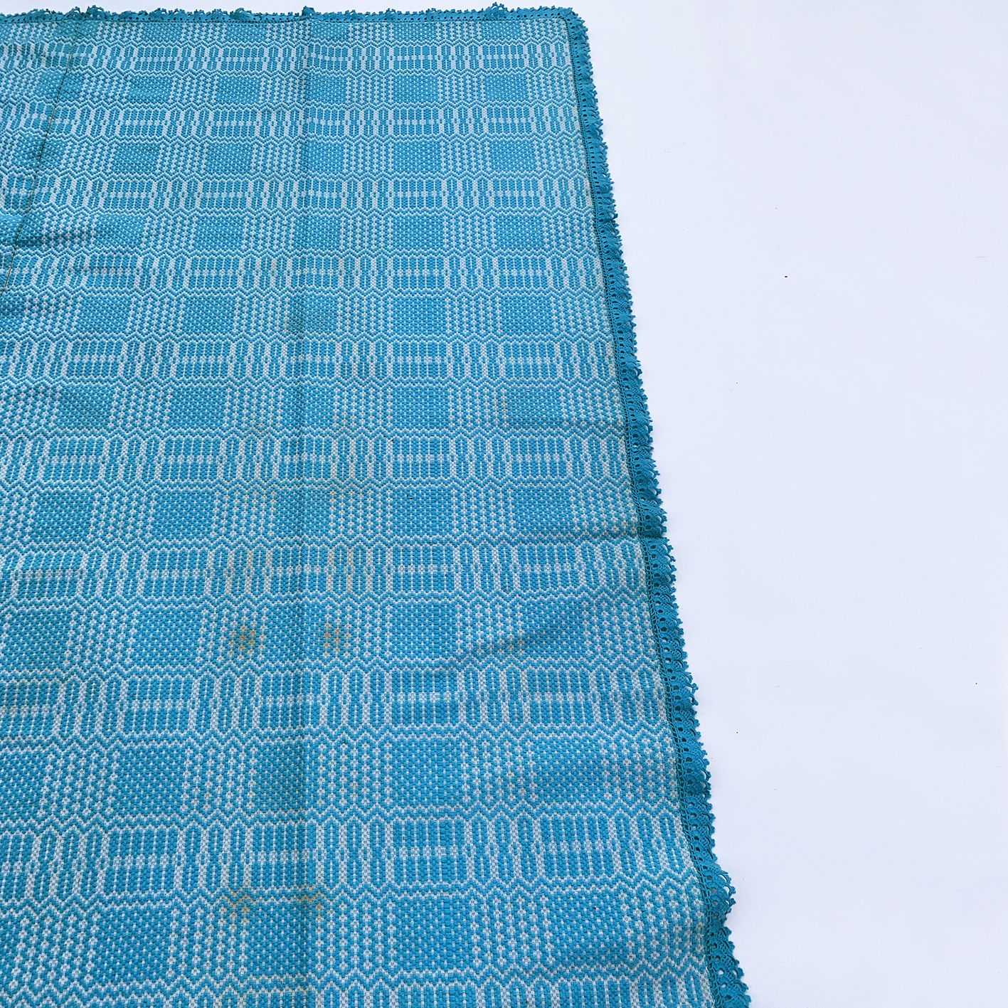 Baby Blue Throw Blanket 1960s Handmade Cotton Mid Century photo vinterior