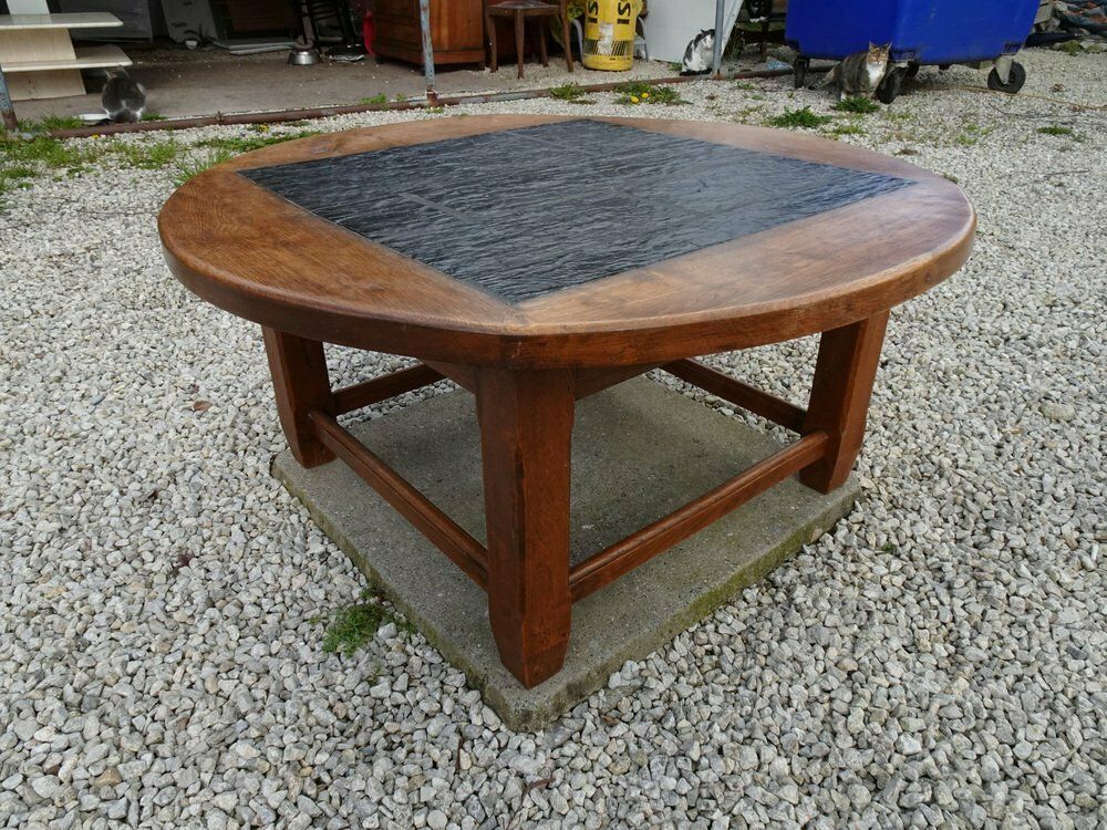 Large Brutalist Oak & Stone Inlay Coffee Table, 1970s