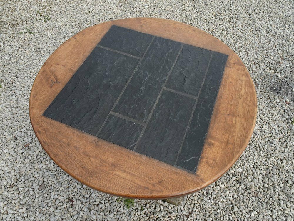 Large Brutalist Oak & Stone Inlay Coffee Table, 1970s photo vinterior