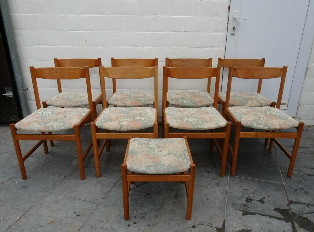 Oak Chairs And Stool From Vanda Watervliet, Belgium, 1960s, Set Of 9 photo vintage