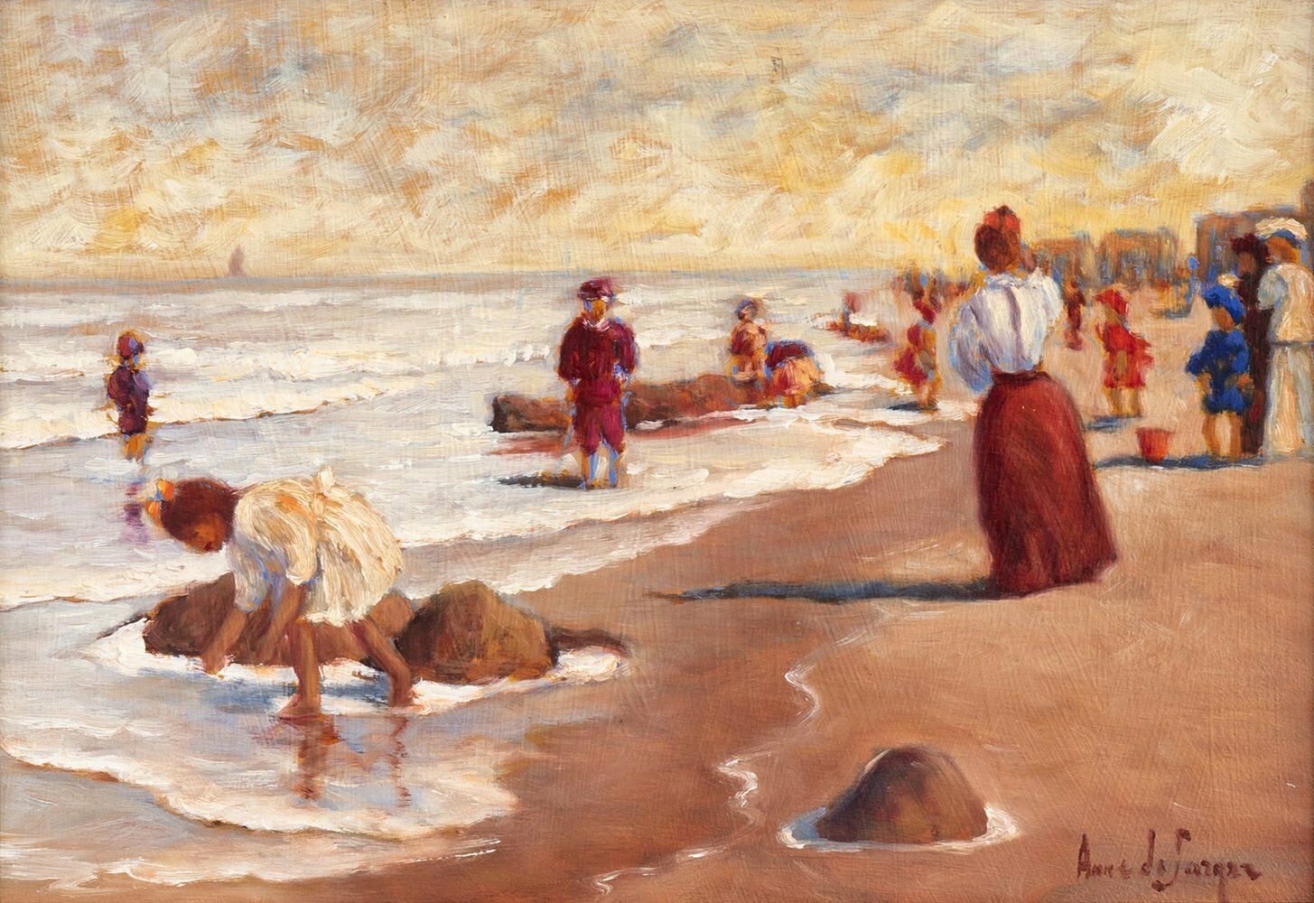 Anne De Seager, Beach Scene, Oil On Panel, Midcentury photo furniture