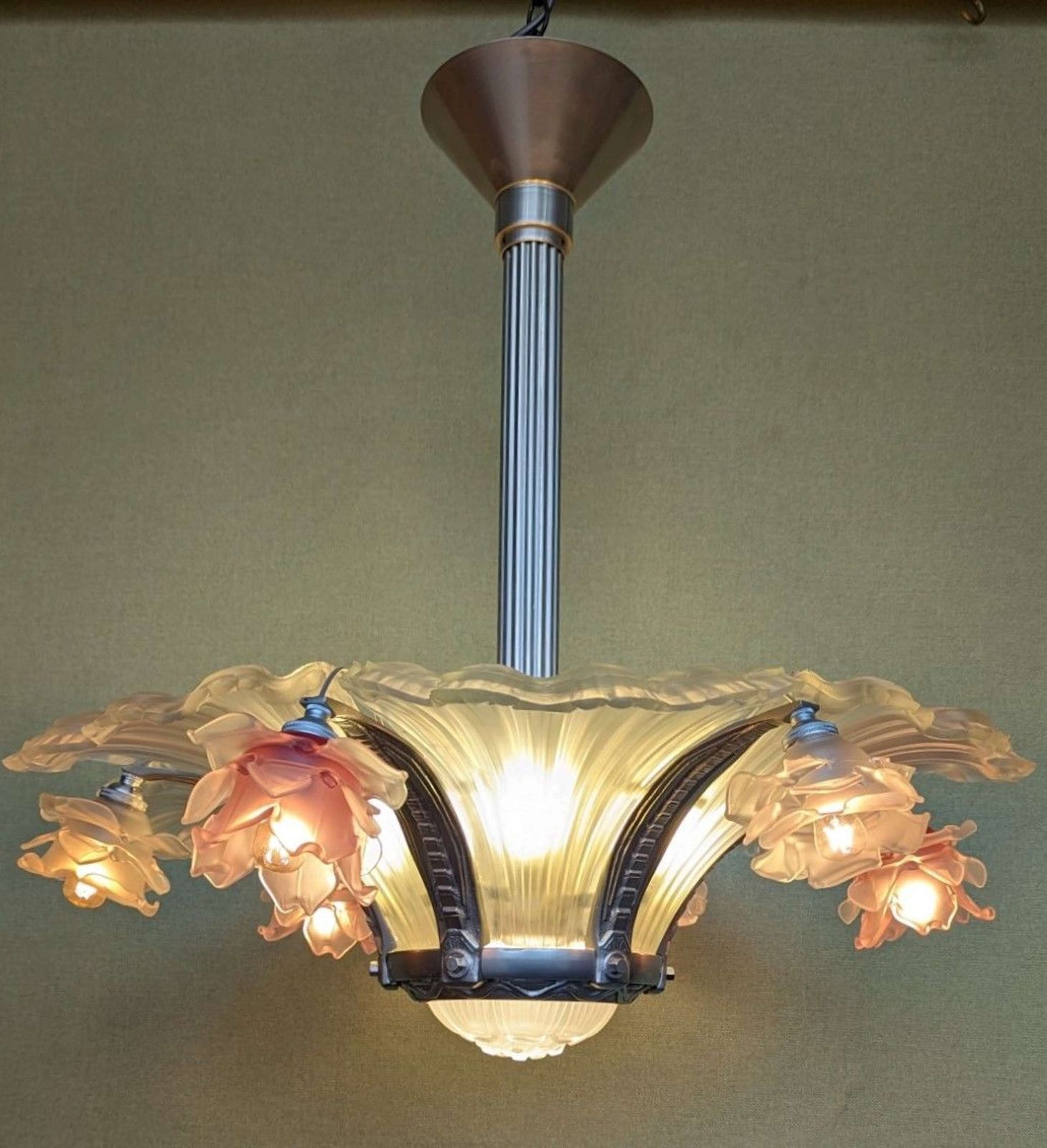 French Art Deco Frosted Glass And Brushed Nickel 12 Light Chandelier