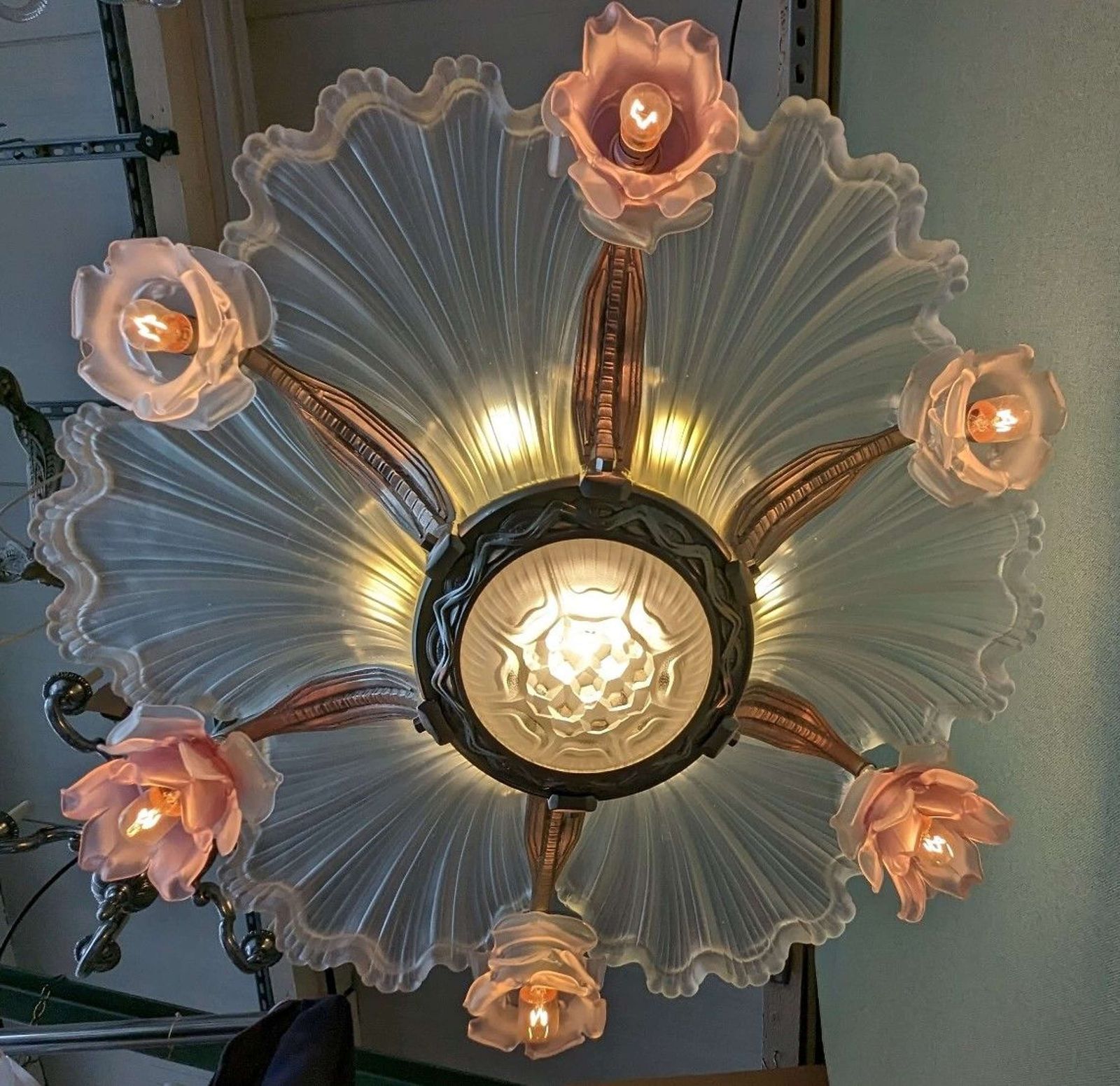 French Art Deco Frosted Glass And Brushed Nickel 12 Light Chandelier photo vinterior