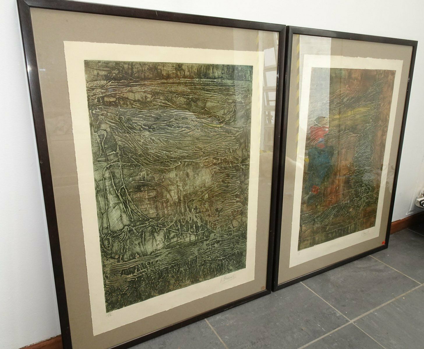 Compositions, 1970s, Large Aquatint Etchings, Framed, Set Of 2 photo for sale