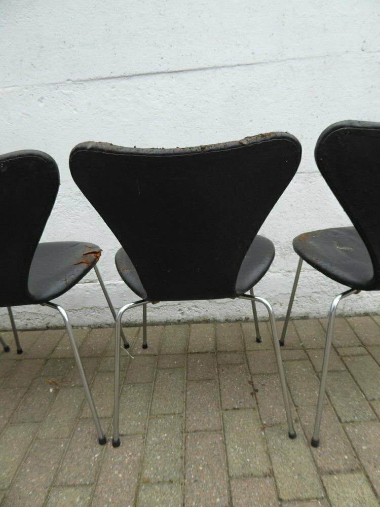 photo vintage Seven / Sjuan 3107 Chairs In Black Leather By Arne Jacobsen For Fritz Hansen, Denmark, 1967, Set Of 6