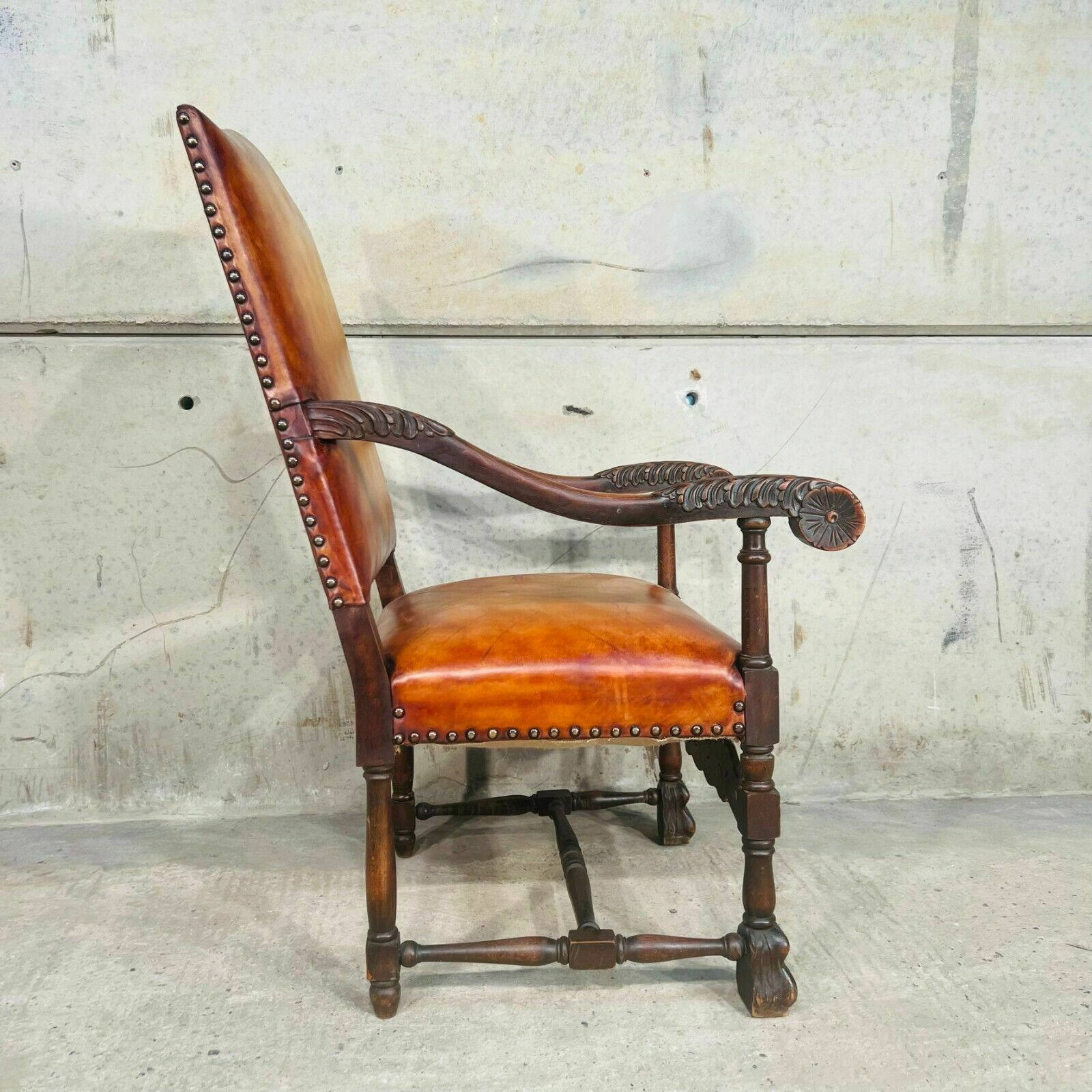 Cromwellian Revival Carved Oak And Leather Armchair Carver Chair photo for sale