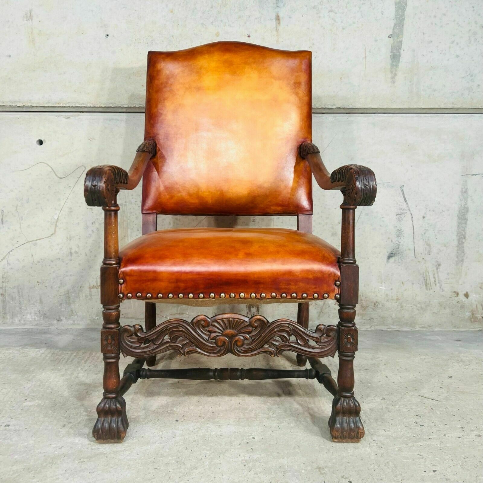 Cromwellian Revival Carved Oak And Leather Armchair Carver Chair photo vinterior