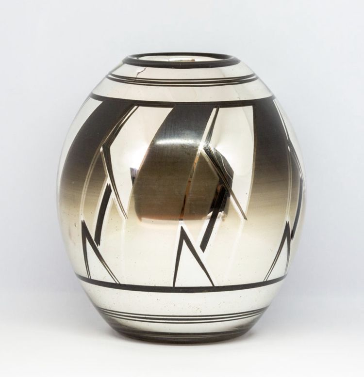 French Art Deco Glass Oviform Vase, Silver & Black Geometric Design
