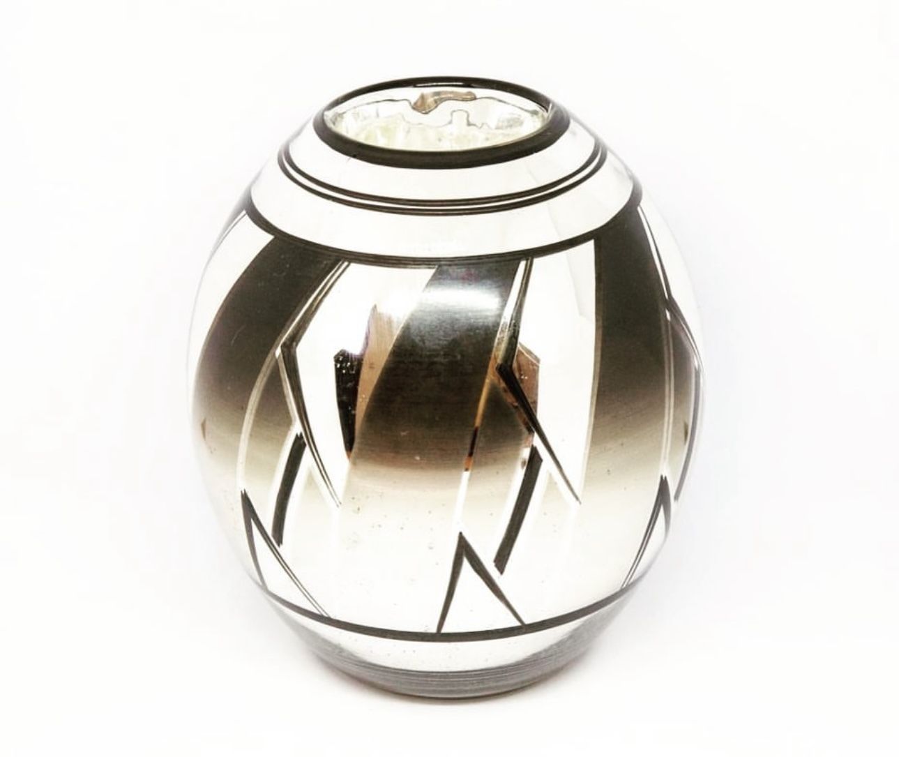 photo furniture French Art Deco Glass Oviform Vase, Silver & Black Geometric Design