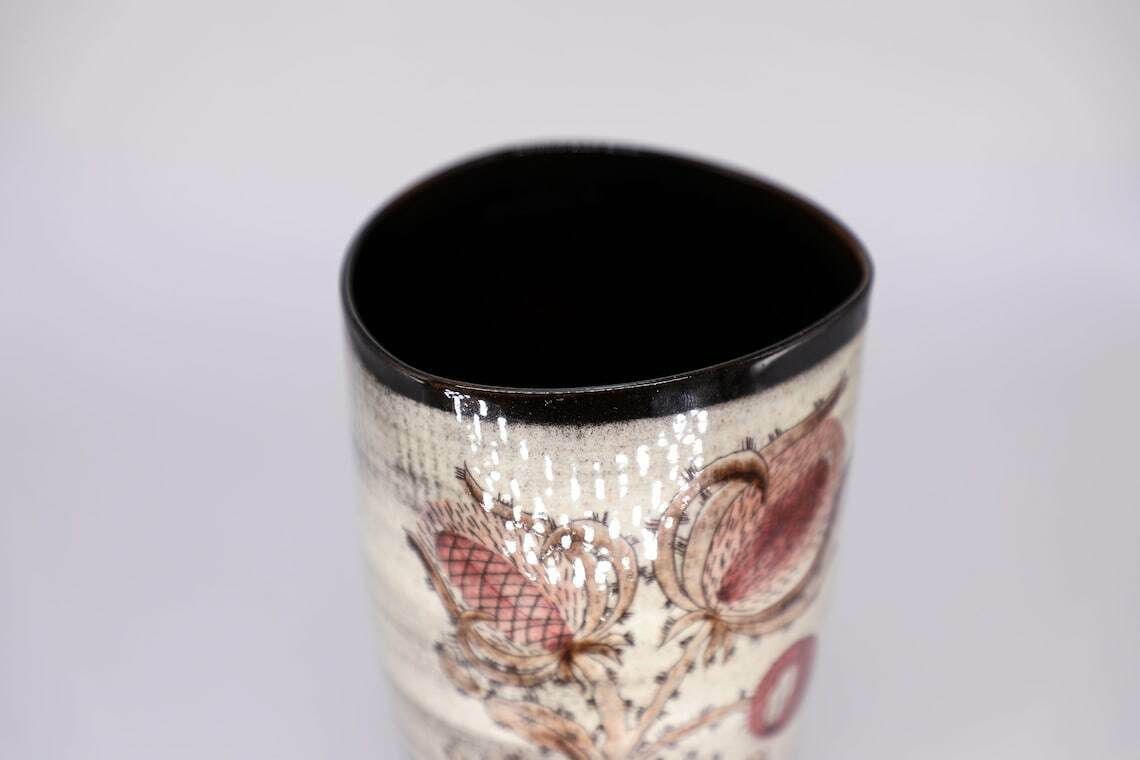 Stunning Hand Crafted Mid Century Ceramic Vase By Lanz Gwatt, Switzerland   1950s   With Thistles And A Butterfly   Vintage photo Home Decor