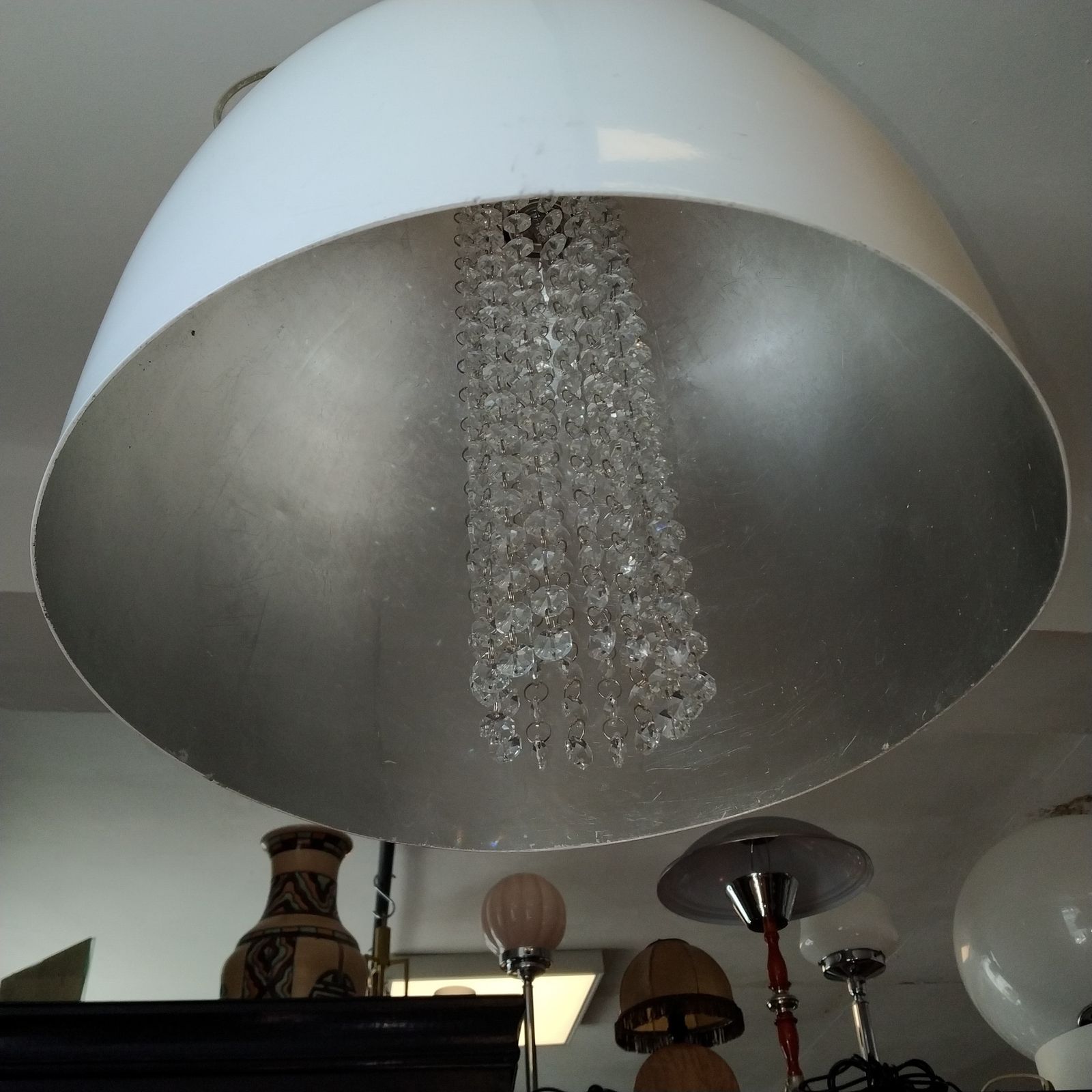 A Vintage Scandinavian White Dome Shaped Metal Pendant Lamp, Silvered Inside With Cut Glass Drops photo furniture
