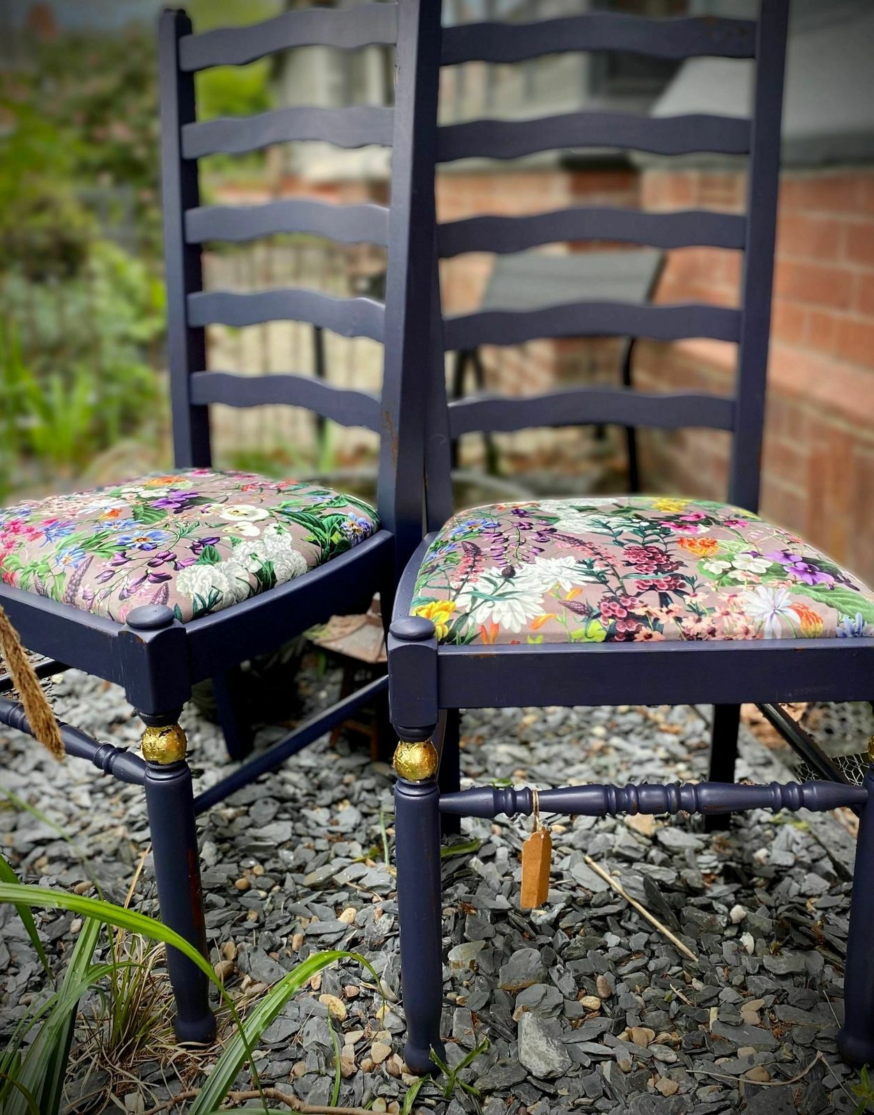 Lavender Indoor Mid Century Ladder Back Floral Garden Print Chairs (Pair) photo furniture