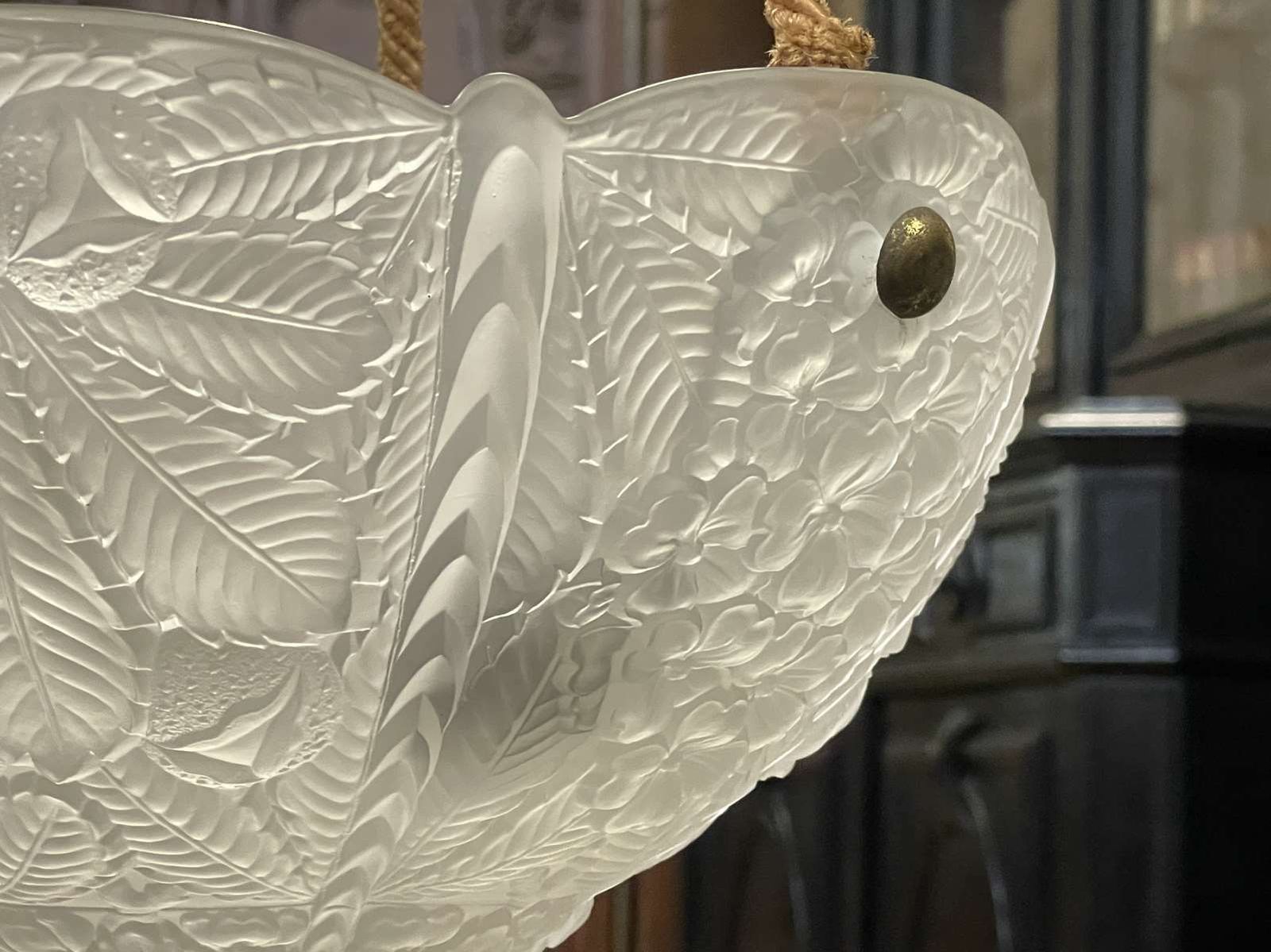 Hanging Lamp In White Glass From The Art Deco Period In The Lalique Style photo vinterior