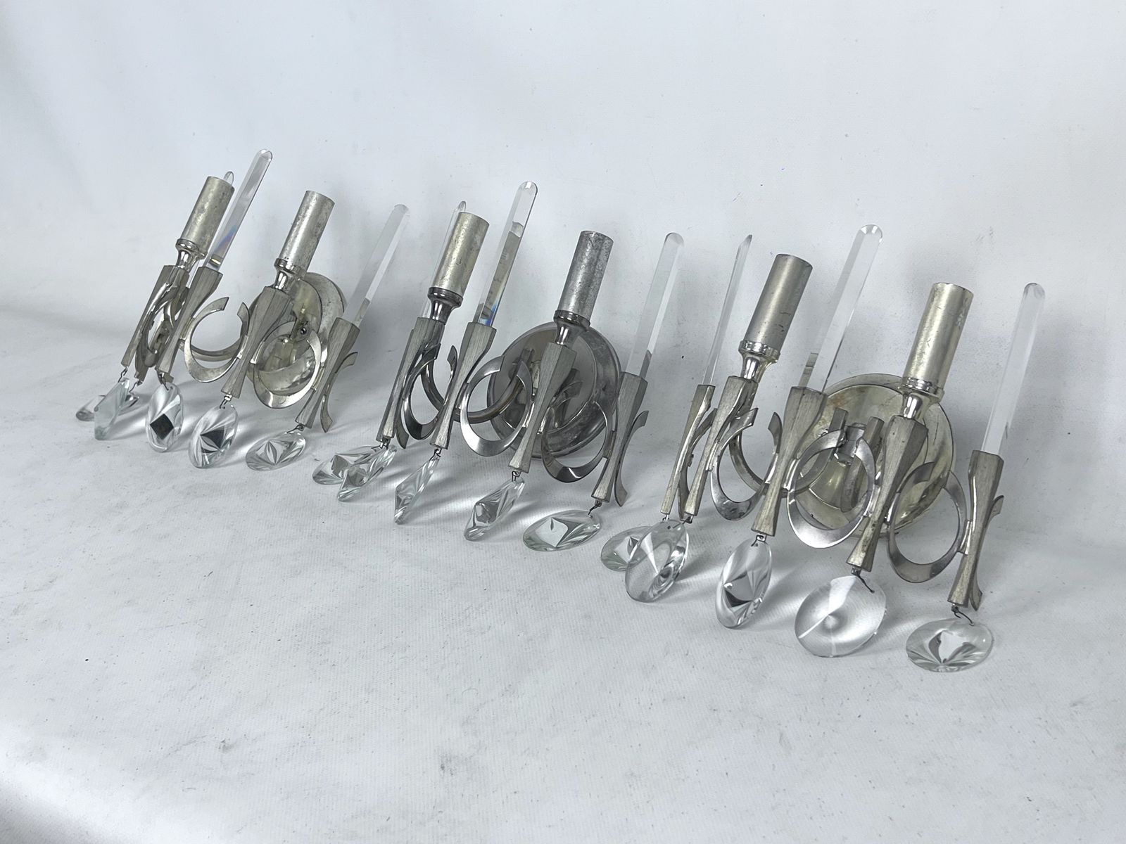 photo furniture Mid Century Nicheled Brass And Glass Sconces By Sciolari. Labeled. Italy 1960s