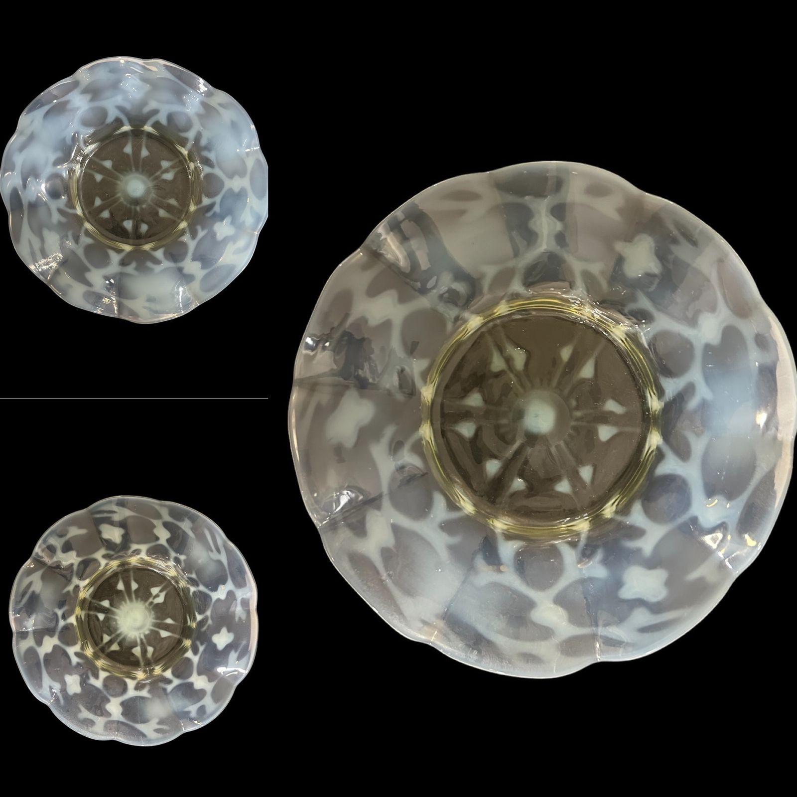 Set Of 3 John Walsh Walsh Art Nouveau Vaseline Glass Opaline Brocade Design Fluted Dishes, C.1900 photo furniture