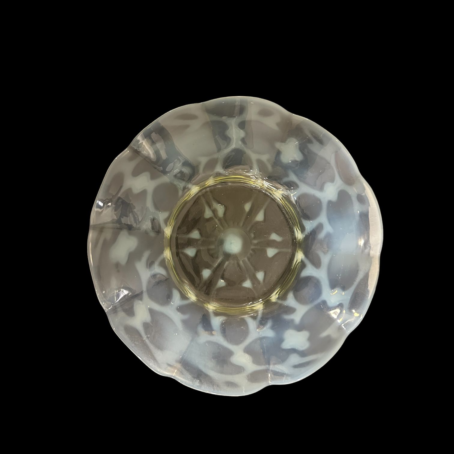 Set Of 3 John Walsh Walsh Art Nouveau Vaseline Glass Opaline Brocade Design Fluted Dishes, C.1900 photo for sale