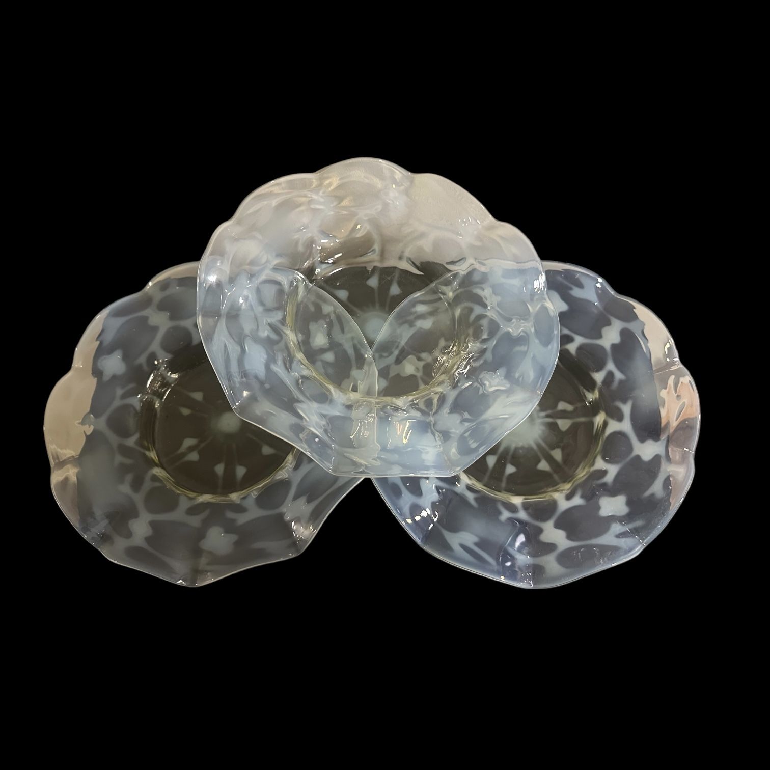photo furniture Set Of 3 John Walsh Walsh Art Nouveau Vaseline Glass Opaline Brocade Design Fluted Dishes, C.1900