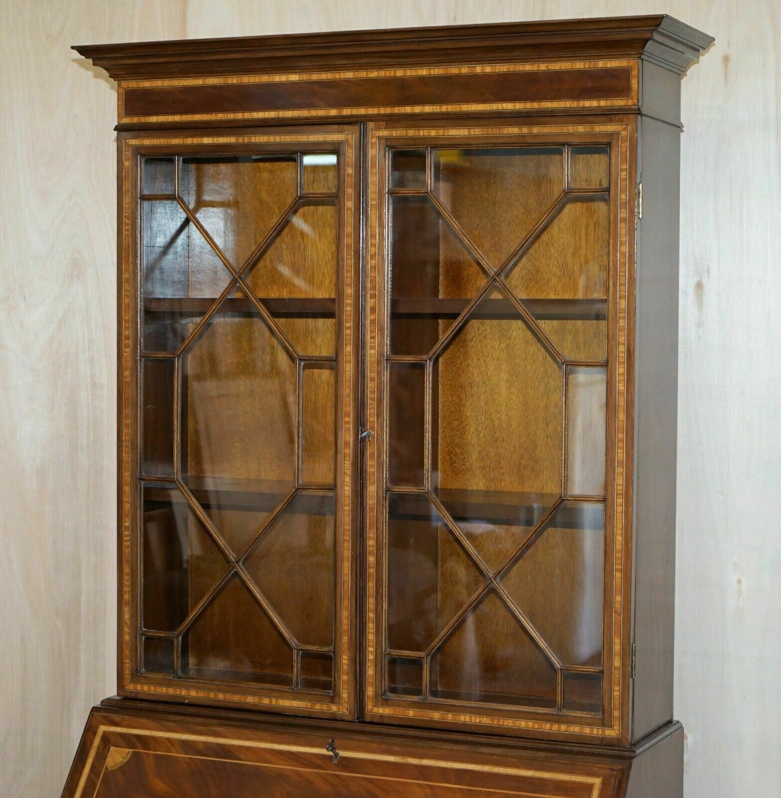 Antique Sheraton Revival Burea Bookcase Leather Top Mahogany Walnut & Satinwood photo vinterior