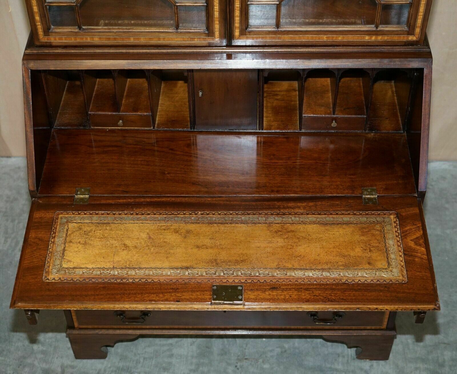 photo furniture Antique Sheraton Revival Burea Bookcase Leather Top Mahogany Walnut & Satinwood