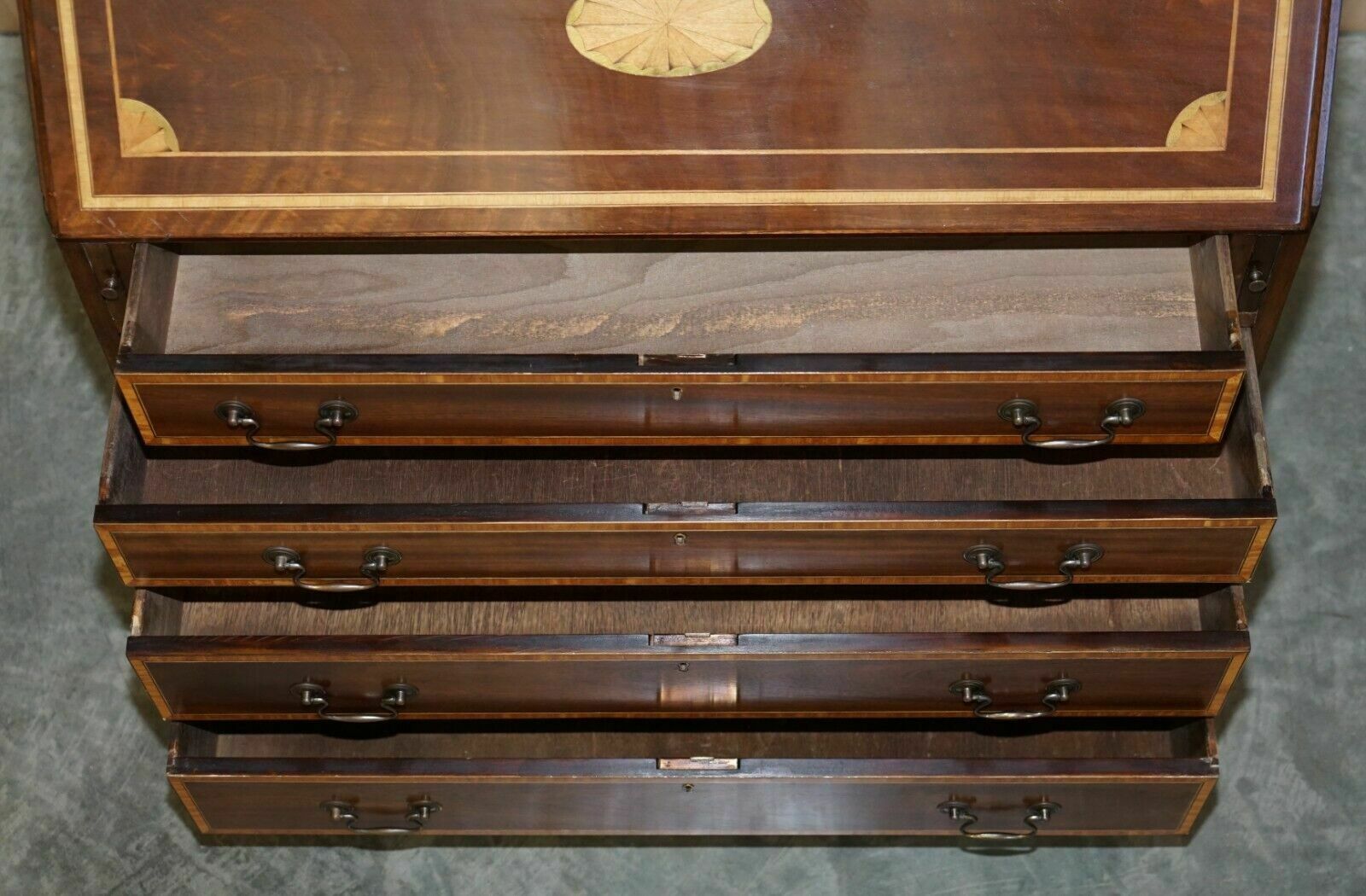 4750.0 Antique Sheraton Revival Burea Bookcase Leather Top Mahogany Walnut & Satinwood photo
