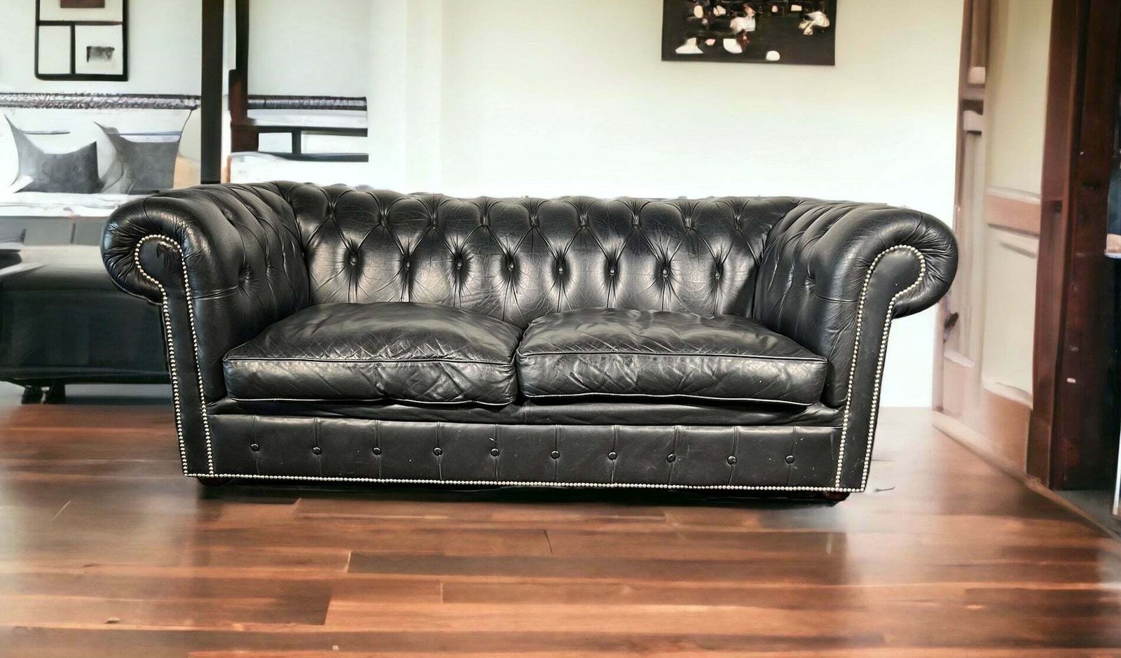Vintage 3 Seat Chesterfield In Soft Premium Black Leather