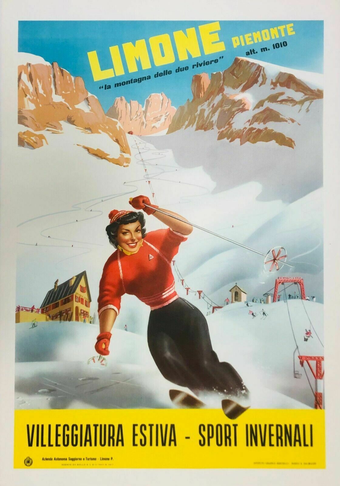 Carlo Prandoni, 1947   Limone Piemonte   Original Vintage Affiche Linen Backed