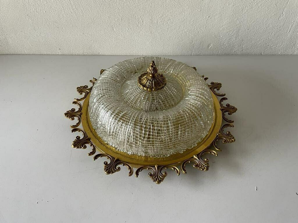Mid Century Modern Ice Glass & Flower Brass Design Large Ceiling Or Wall Lamp, 1960s, Germany